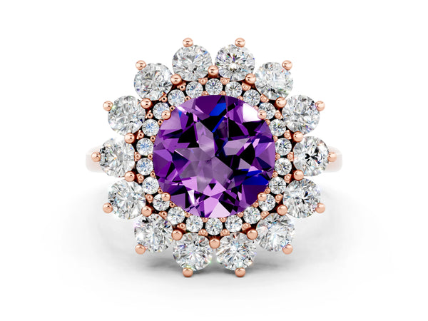 Rose gold Round Cut Amethyst Floral Double Halo Engagement Ring with Prong Setting