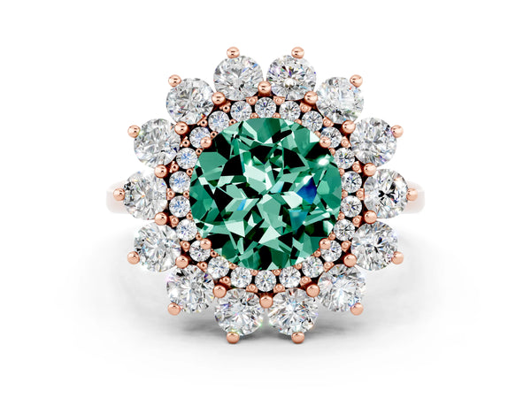 Rose gold Round Cut Green Sapphire Floral Double Halo Engagement Ring with Prong Setting