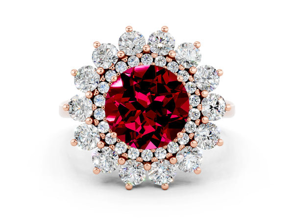 Rose gold Round Cut Garnet Floral Double Halo Engagement Ring with Prong Setting