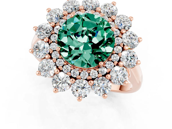 Rose gold Round Cut Green Sapphire Floral Double Halo Engagement Ring with Prong Setting