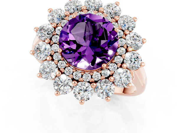 Rose gold Round Cut Amethyst Floral Double Halo Engagement Ring with Prong Setting