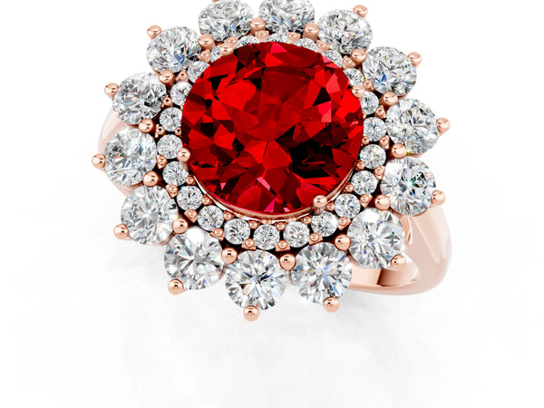 Rose gold Round Cut Ruby Floral Double Halo Engagement Ring with Prong Setting