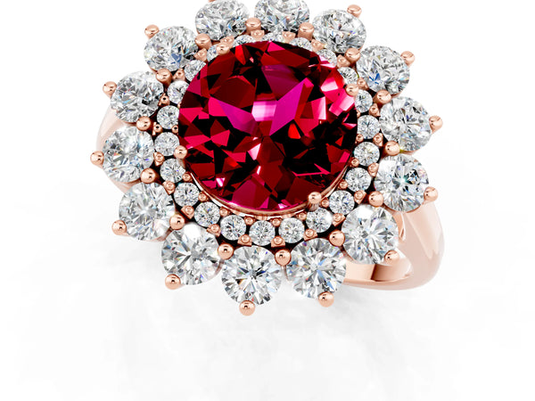 Rose gold Round Cut Garnet Floral Double Halo Engagement Ring with Prong Setting