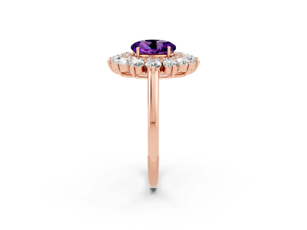 Rose gold Round Cut Amethyst Floral Double Halo Engagement Ring with Prong Setting