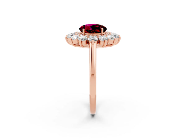 Rose gold Round Cut Garnet Floral Double Halo Engagement Ring with Prong Setting