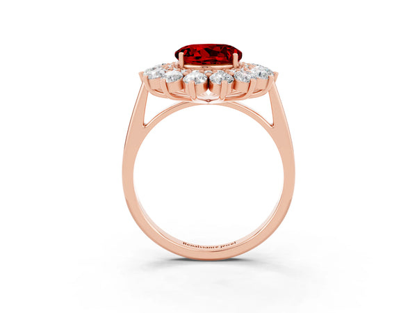 Rose gold Round Cut Ruby Floral Double Halo Engagement Ring with Prong Setting