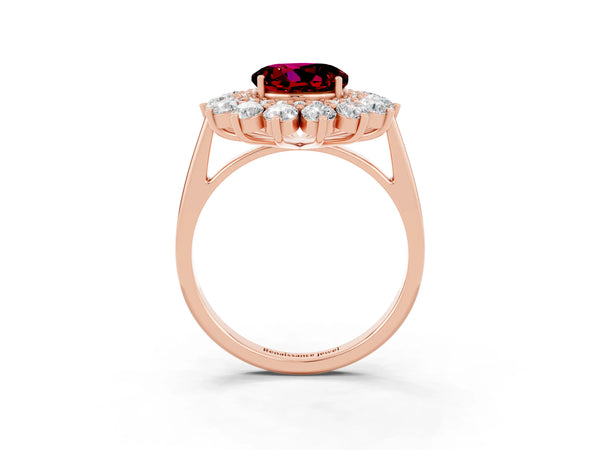 Rose gold Round Cut Garnet Floral Double Halo Engagement Ring with Prong Setting