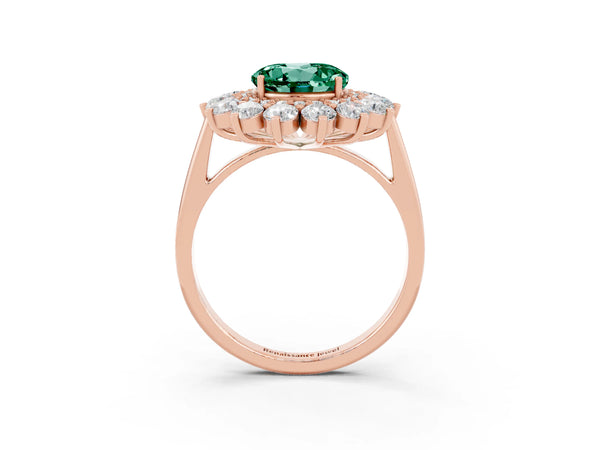 Rose gold Round Cut Green Sapphire Floral Double Halo Engagement Ring with Prong Setting