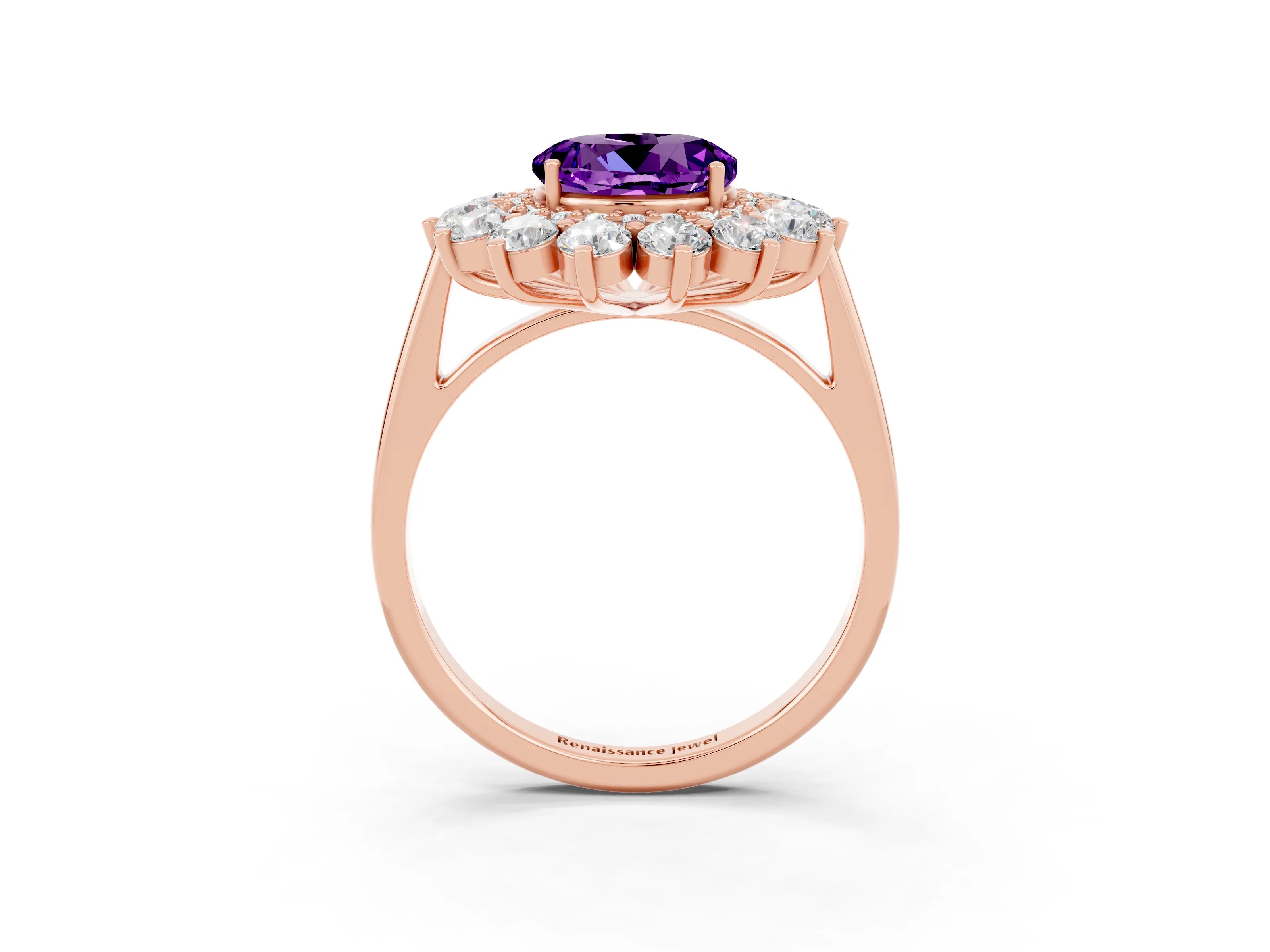 Rose gold Round Cut Halo Cluster Diamond Ring with Pave Band and Four-Prong Setting_15