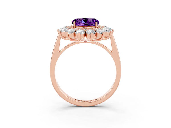 Rose gold Round Cut Amethyst Floral Double Halo Engagement Ring with Prong Setting