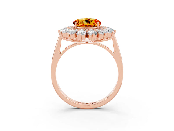 Rose gold Round Cut Citrine Floral Double Halo Engagement Ring with Prong Setting