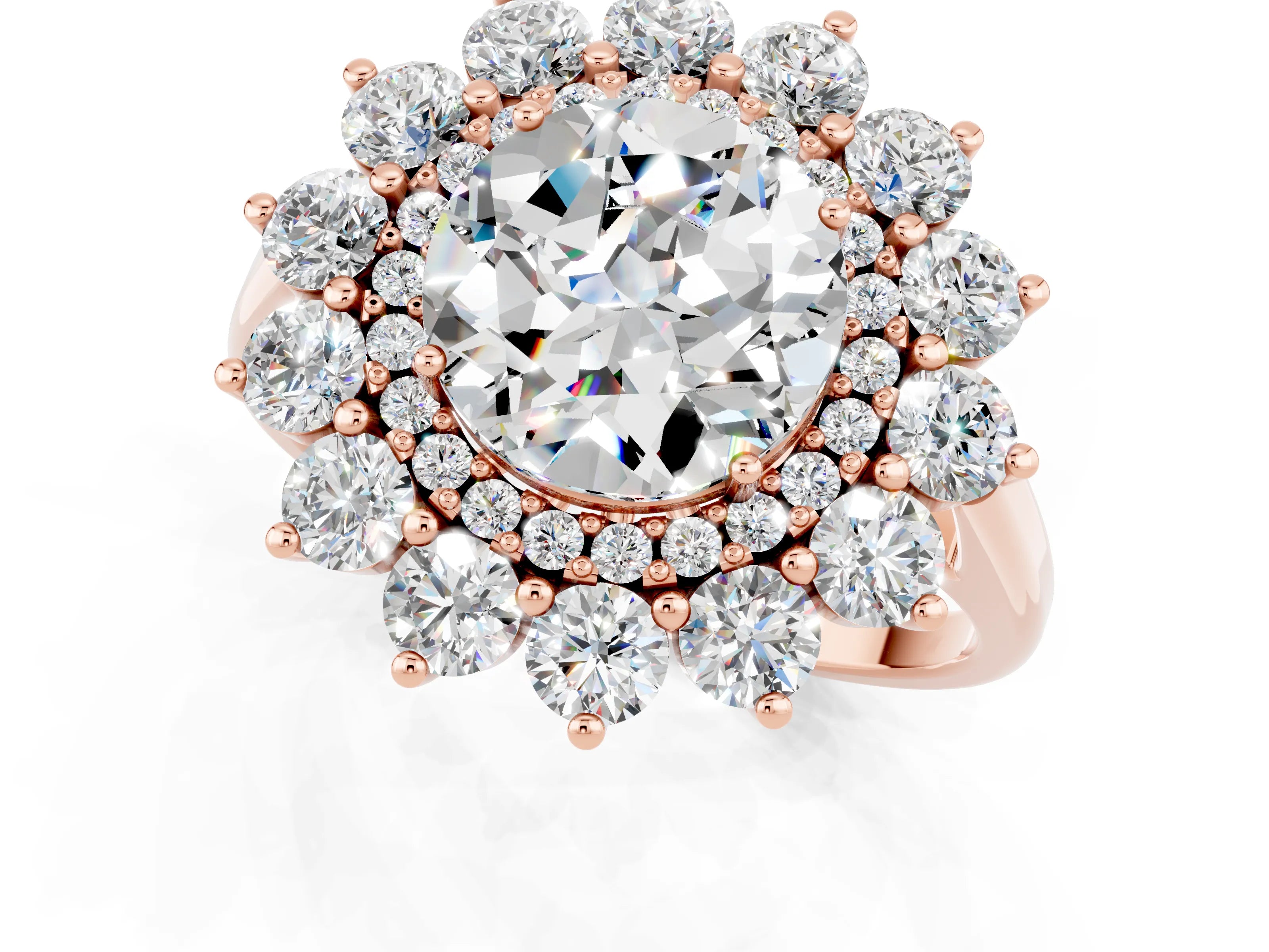 Rose gold Round Cut Halo Cluster Diamond Ring with Pave Band and Four-Prong Setting_1