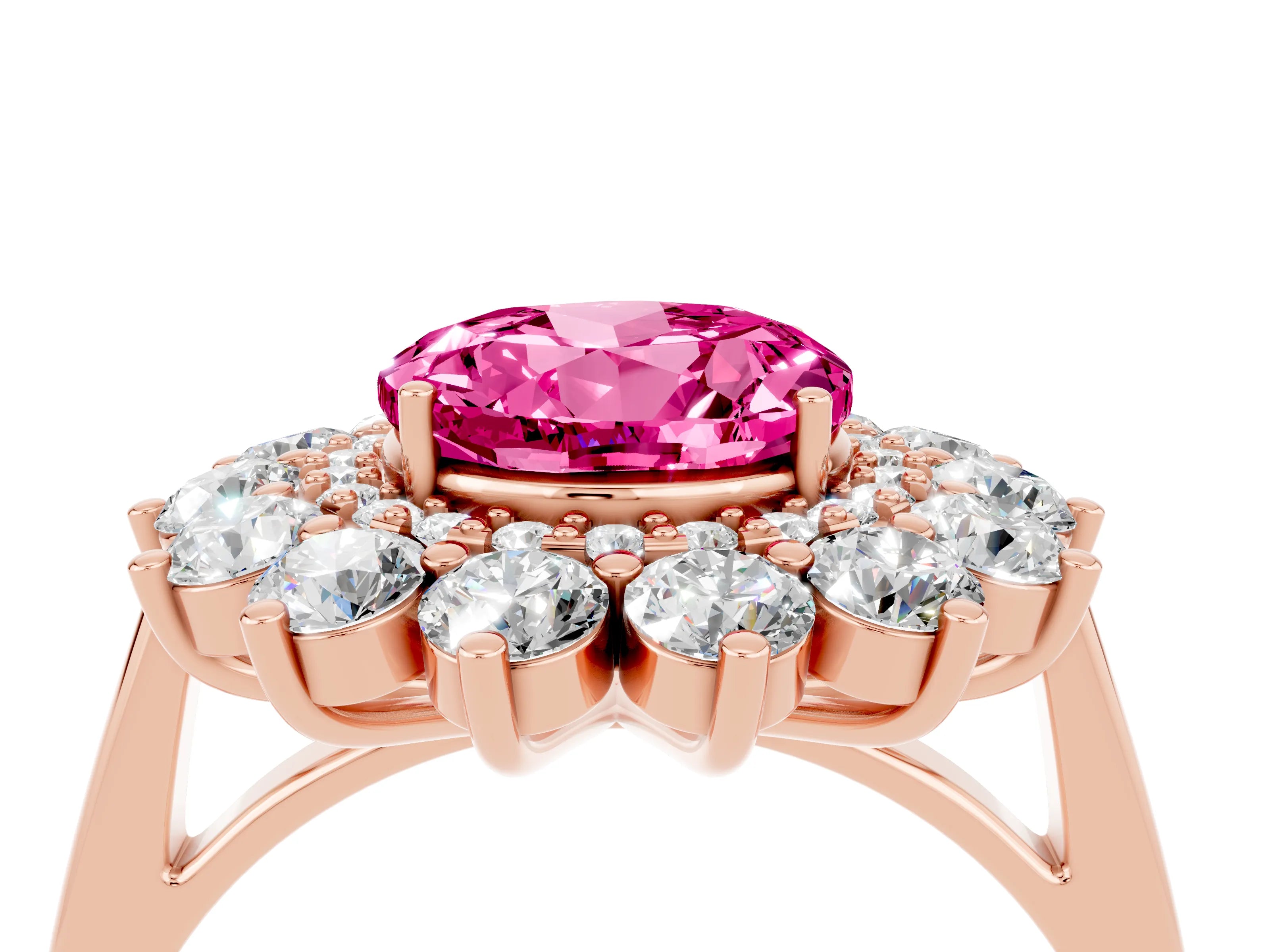 Rose gold Round Cut Halo Cluster Diamond Ring with Pave Band and Four-Prong Setting_22