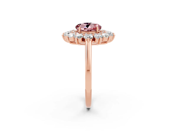 Rose gold Round Cut Halo Cluster Diamond Ring with Pave Band and Four-Prong Setting
