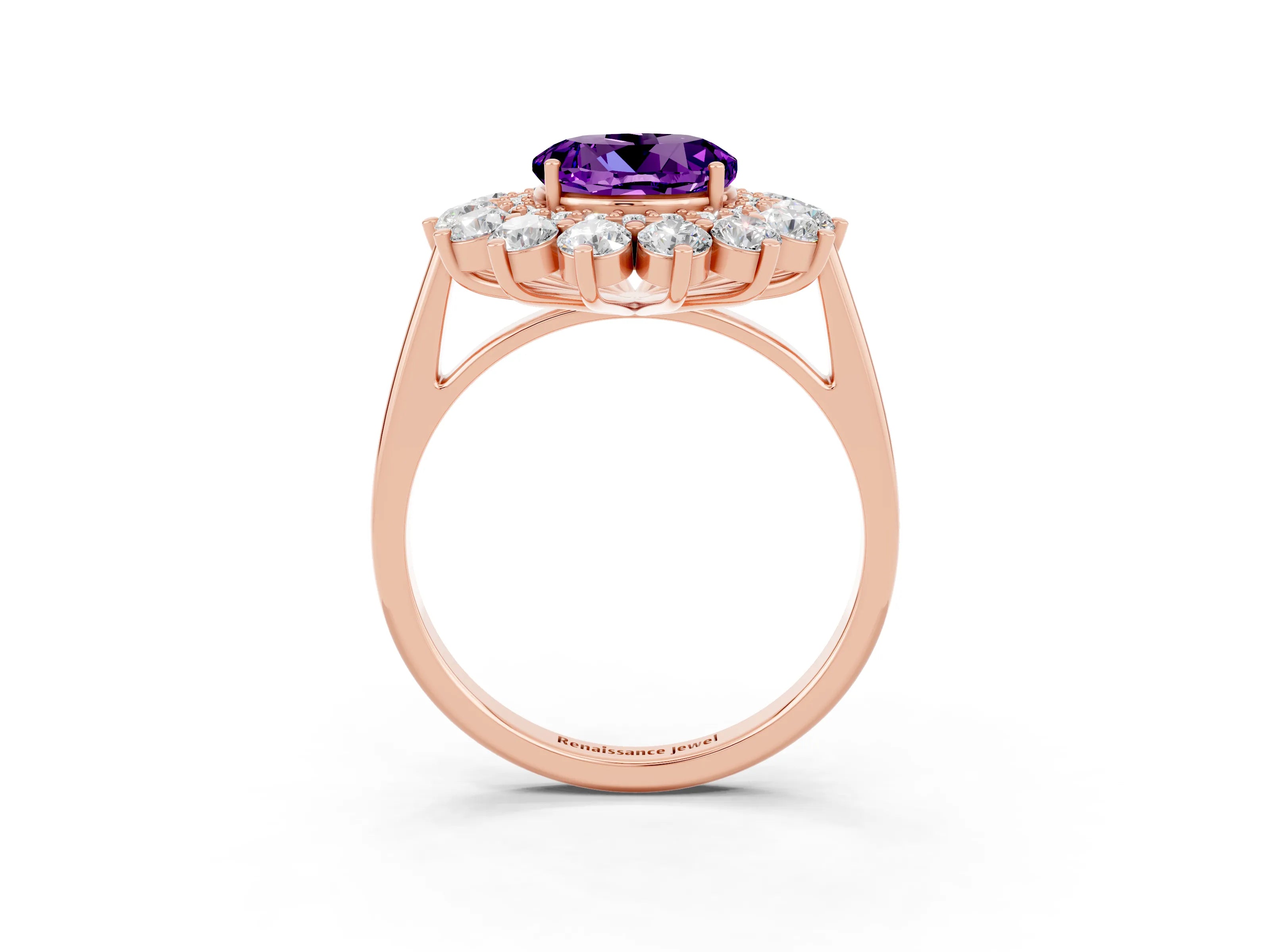 Rose gold Round Cut Halo Cluster Diamond Ring with Pave Band and Four-Prong Setting_3