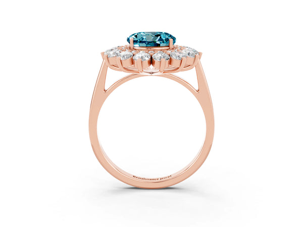Rose gold Round Cut Halo Cluster Diamond Ring with Pave Band and Four-Prong Setting
