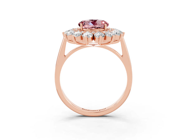 Rose gold Round Cut Halo Cluster Diamond Ring with Pave Band and Four-Prong Setting