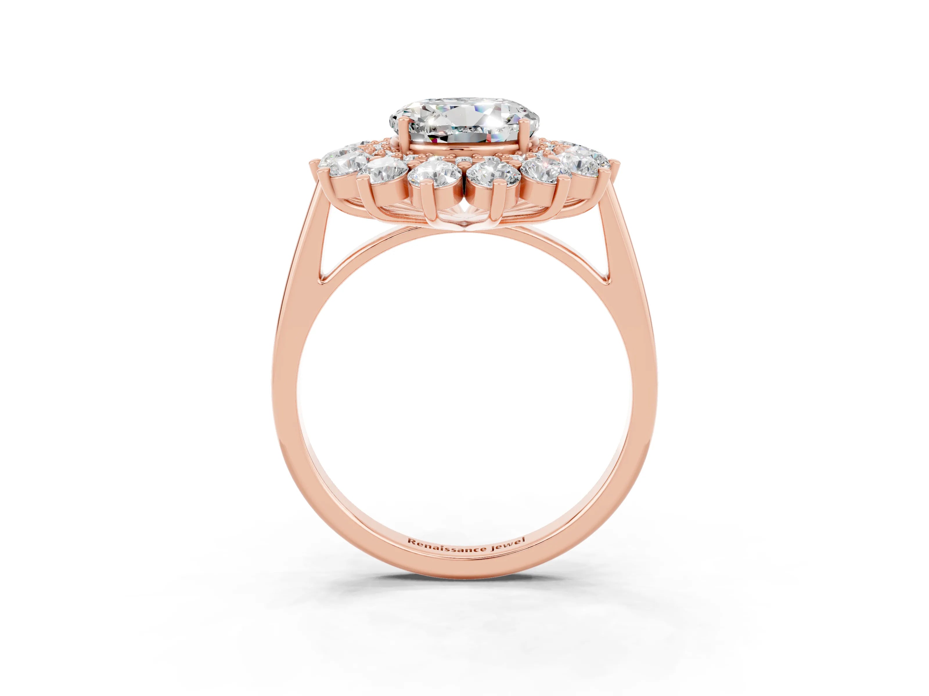 Rose gold Round Cut Halo Cluster Diamond Ring with Pave Band and Four-Prong Setting_3