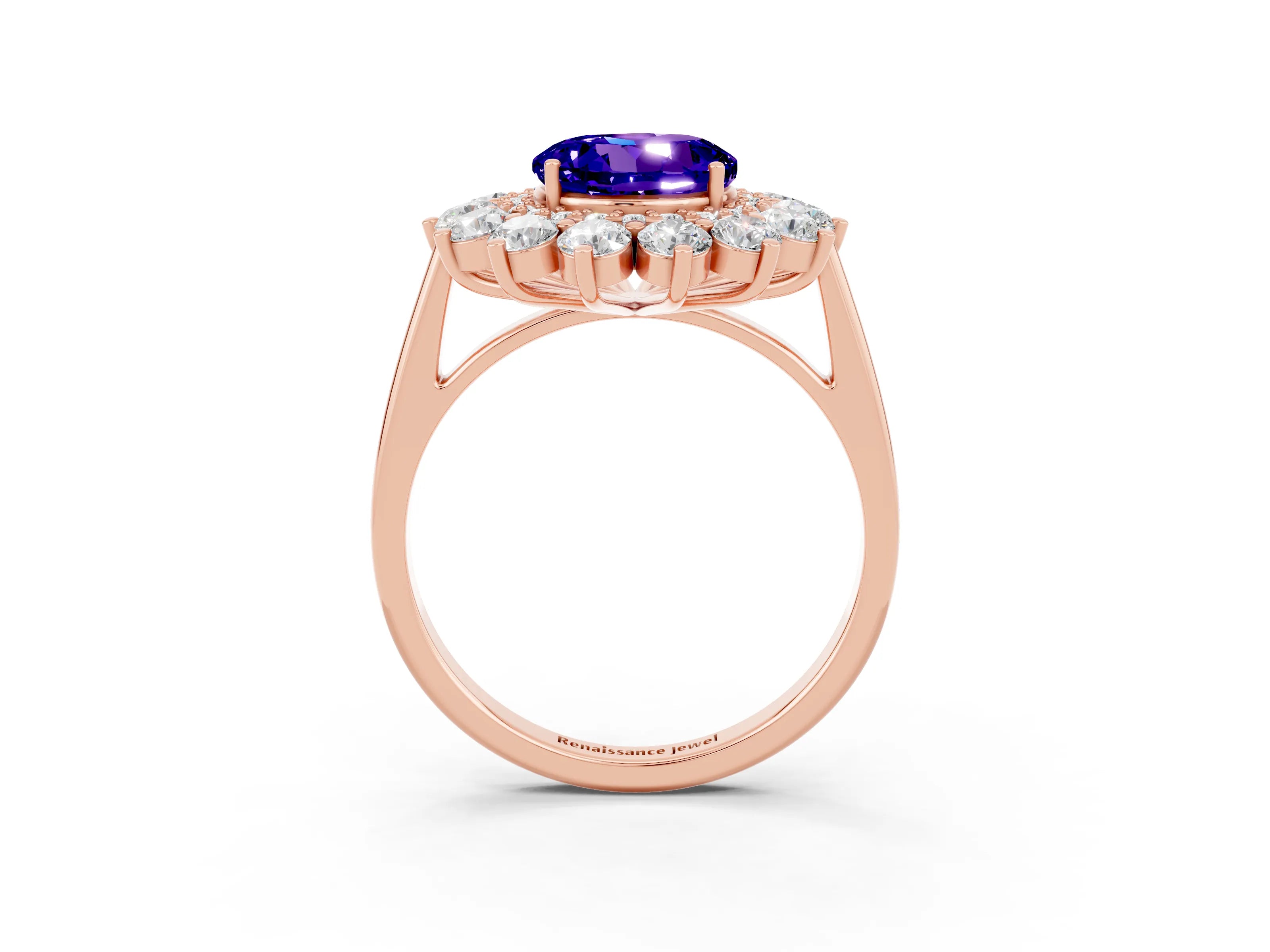 Rose gold Round Cut Halo Cluster Diamond Ring with Pave Band and Four-Prong Setting_3
