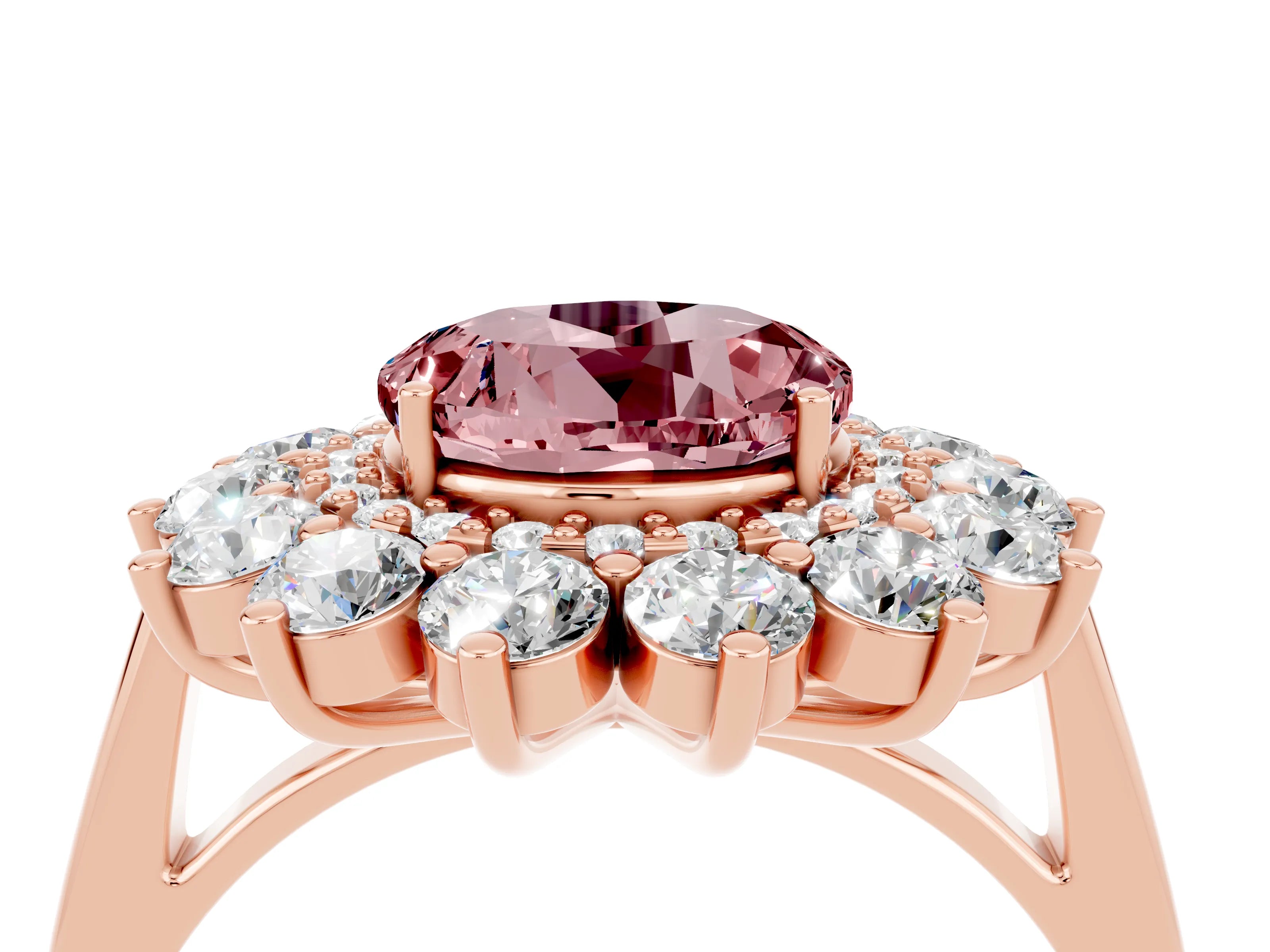 Rose gold Round Cut Halo Cluster Diamond Ring with Pave Band and Four-Prong Setting_4