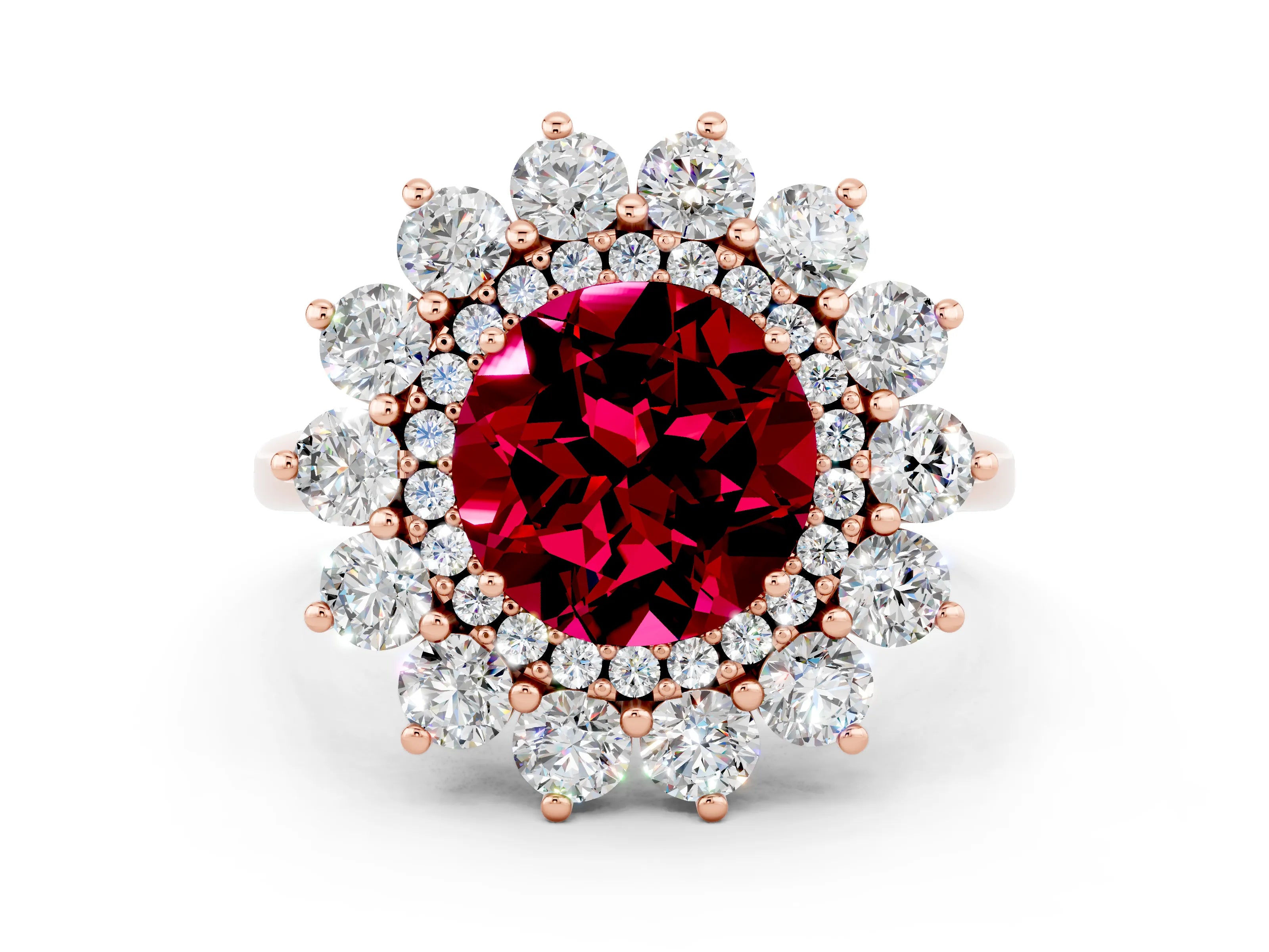 Rose gold Round Cut Halo Cluster Diamond Ring with Pave Band and Four-Prong Setting
