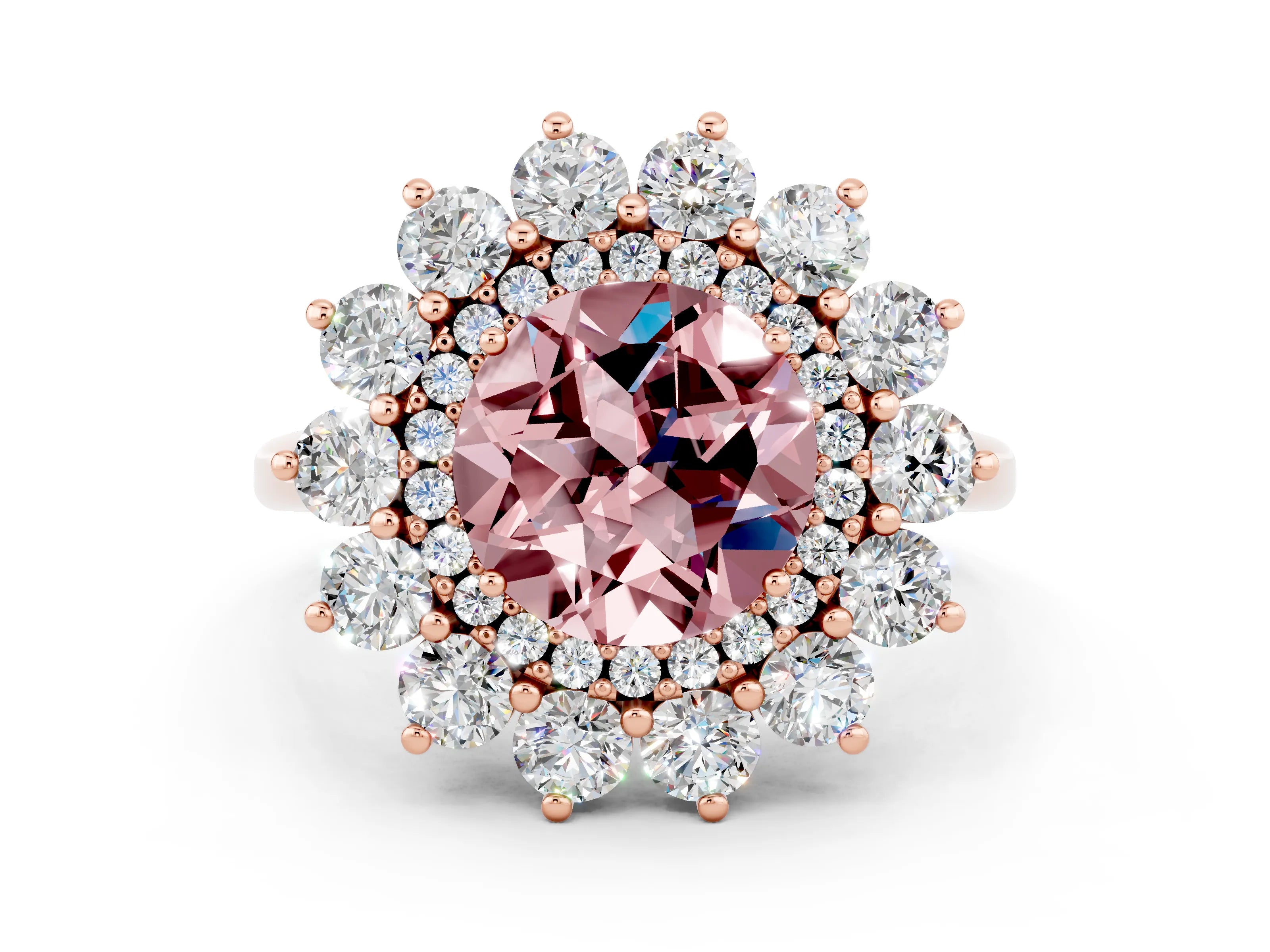 Rose gold Round Cut Halo Cluster Diamond Ring with Pave Band and Four-Prong Setting