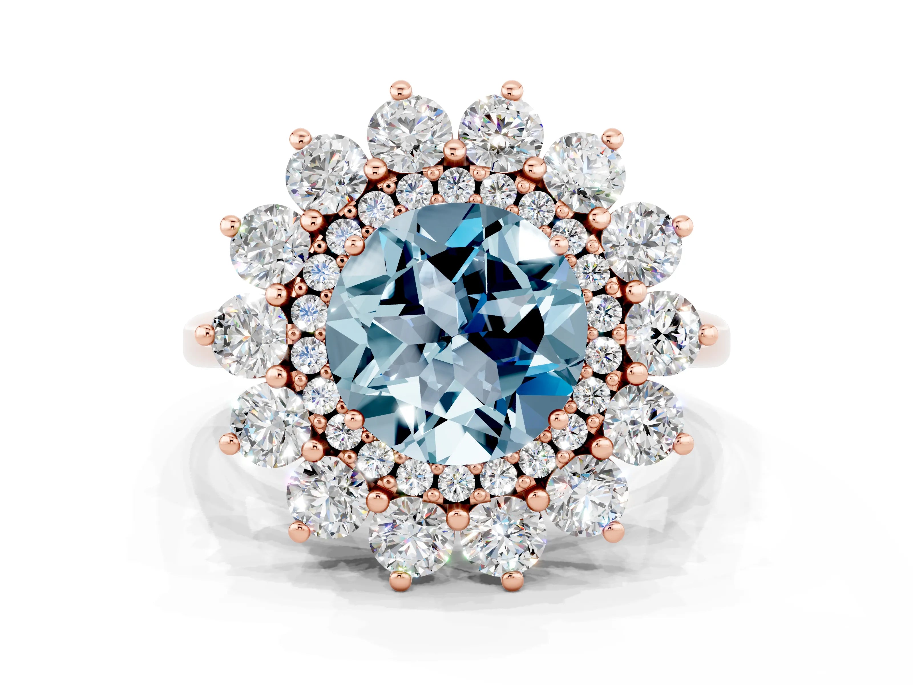 Rose gold Round Cut Halo Cluster Diamond Ring with Pave Band and Four-Prong Setting