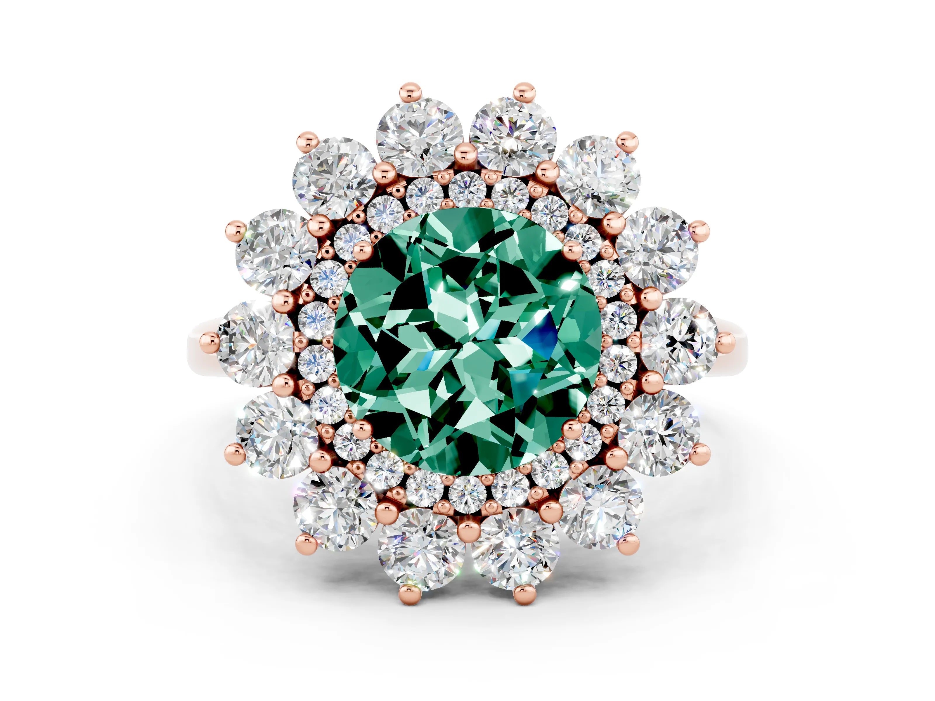 Rose gold Round Cut Halo Cluster Diamond Ring with Pave Band and Four-Prong Setting