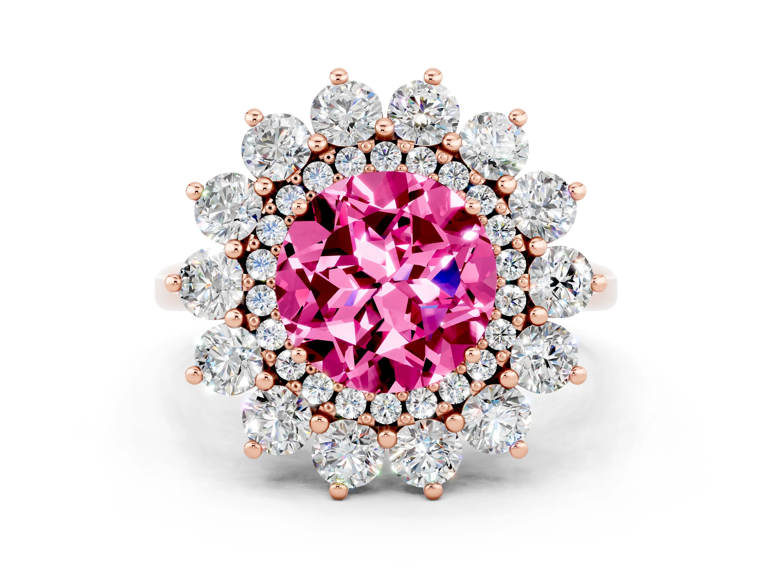 Rose gold Round Cut Halo Cluster Diamond Ring with Pave Band and Four-Prong Setting