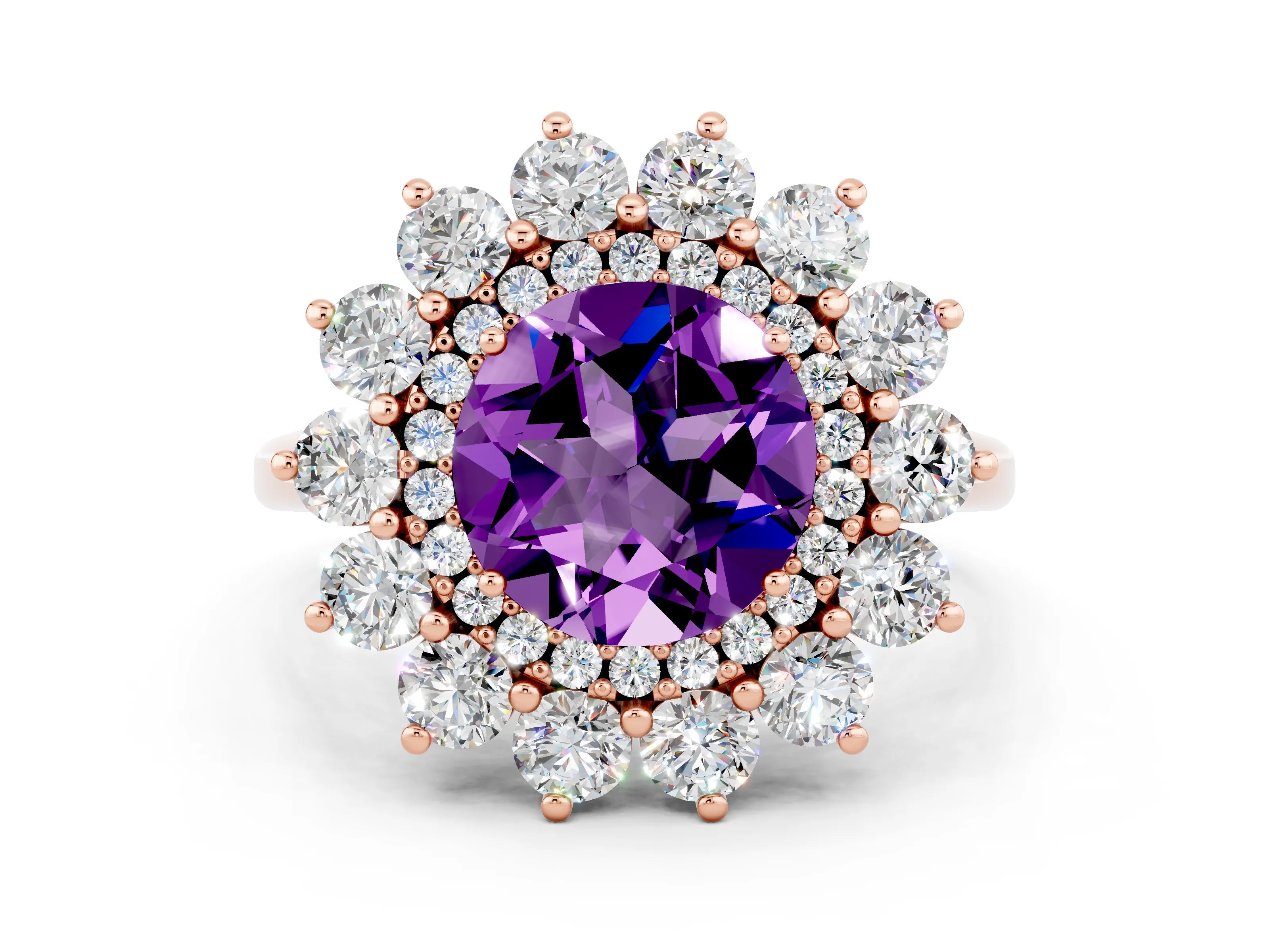 Rose gold Round Cut Halo Cluster Diamond Ring with Pave Band and Four-Prong Setting