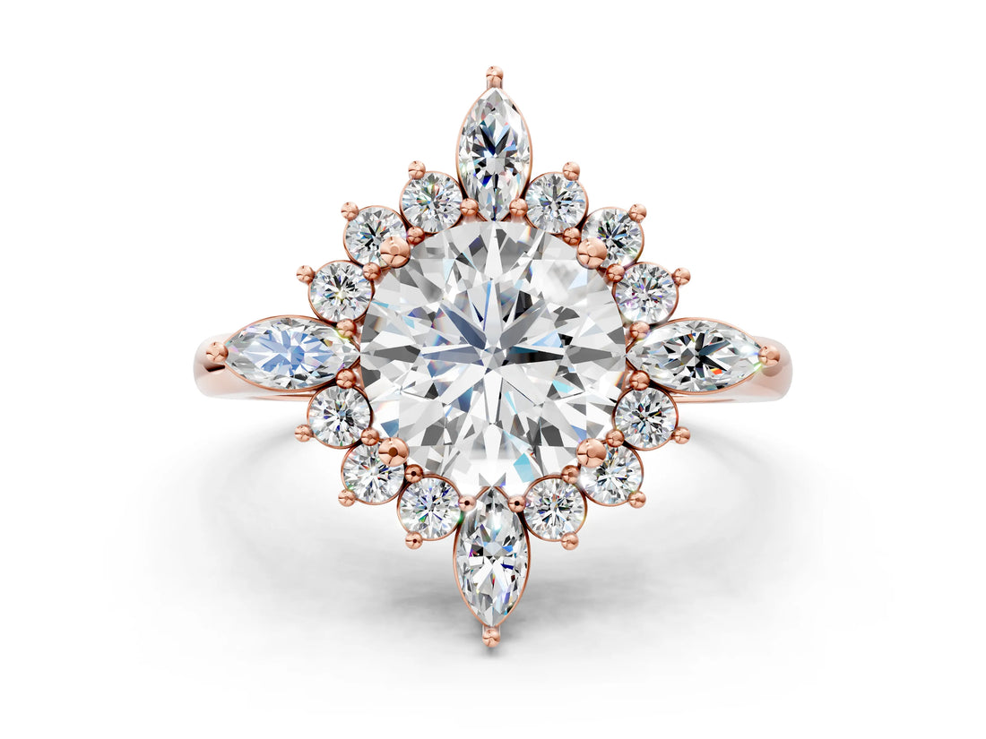 Rose gold Round Cut Halo Diamond Cluster Ring with Marquise and Round Stones on a White Gold Band with Prong Setting_15