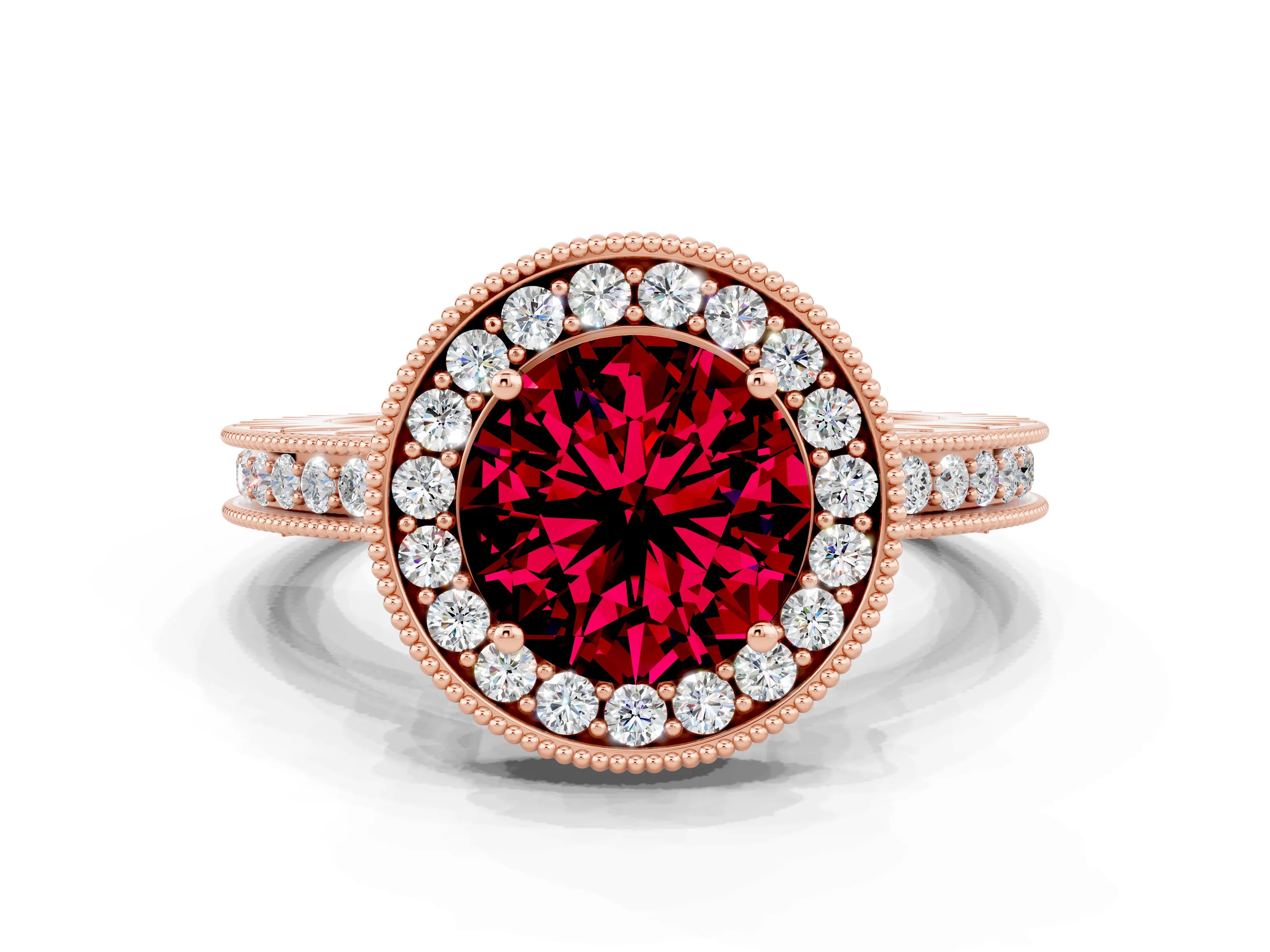 Rose gold Round Cut Halo Diamond Engagement Ring with Milgrain Pave Band and Four-Prong Setting