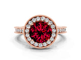 Rose gold Round Cut Halo Diamond Engagement Ring with Milgrain Pave Band and Four-Prong Setting