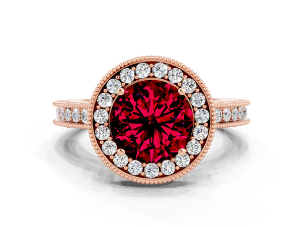 Rose gold Round Cut Halo Diamond Engagement Ring with Milgrain Pave Band and Four-Prong Setting