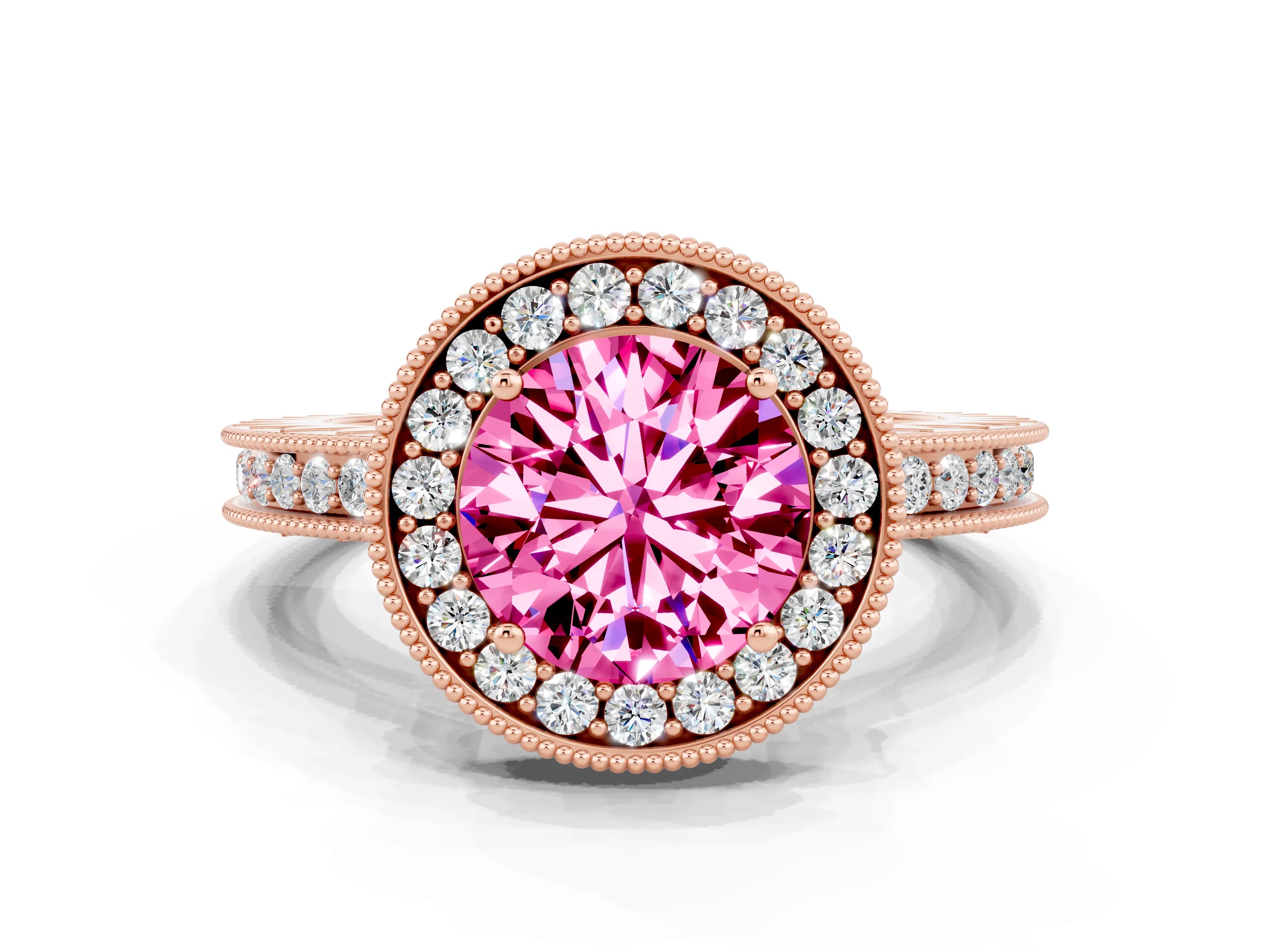 Rose gold Round Cut Halo Diamond Engagement Ring with Milgrain Pave Band and Four-Prong Setting
