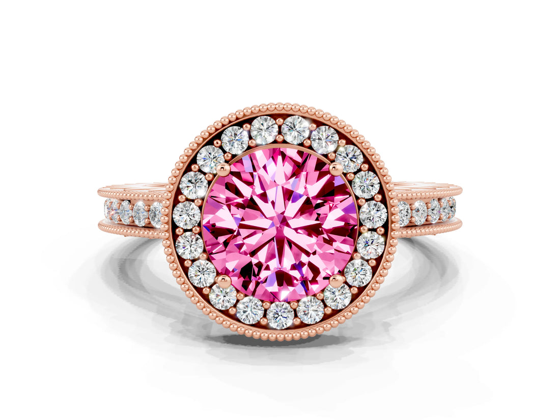 Rose gold Round Cut Halo Diamond Engagement Ring with Milgrain Pave Band and Four-Prong Setting