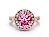 Rose gold Round Cut Halo Diamond Engagement Ring with Milgrain Pave Band and Four-Prong Setting