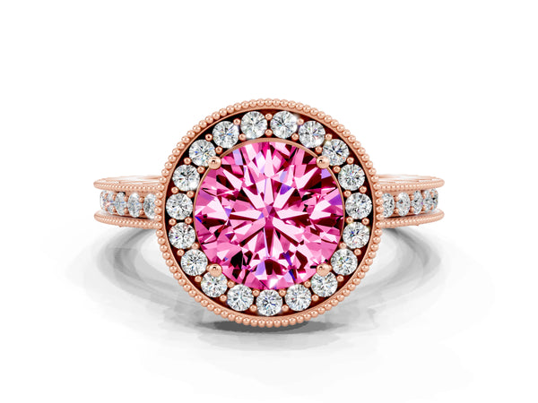 Rose gold Round Cut Halo Diamond Engagement Ring with Milgrain Pave Band and Four-Prong Setting