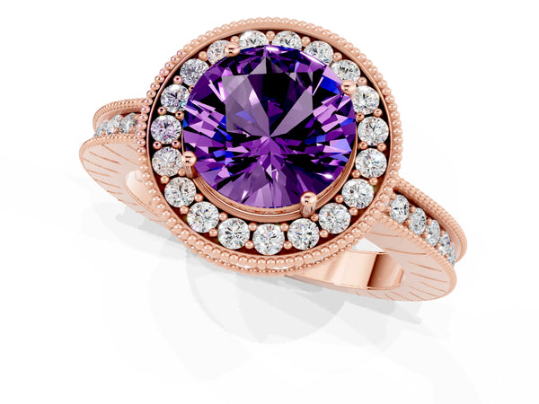 Rose gold Round Cut Amethyst Milgrain Halo Engagement Ring with Round Pavé Band and Prong Setting