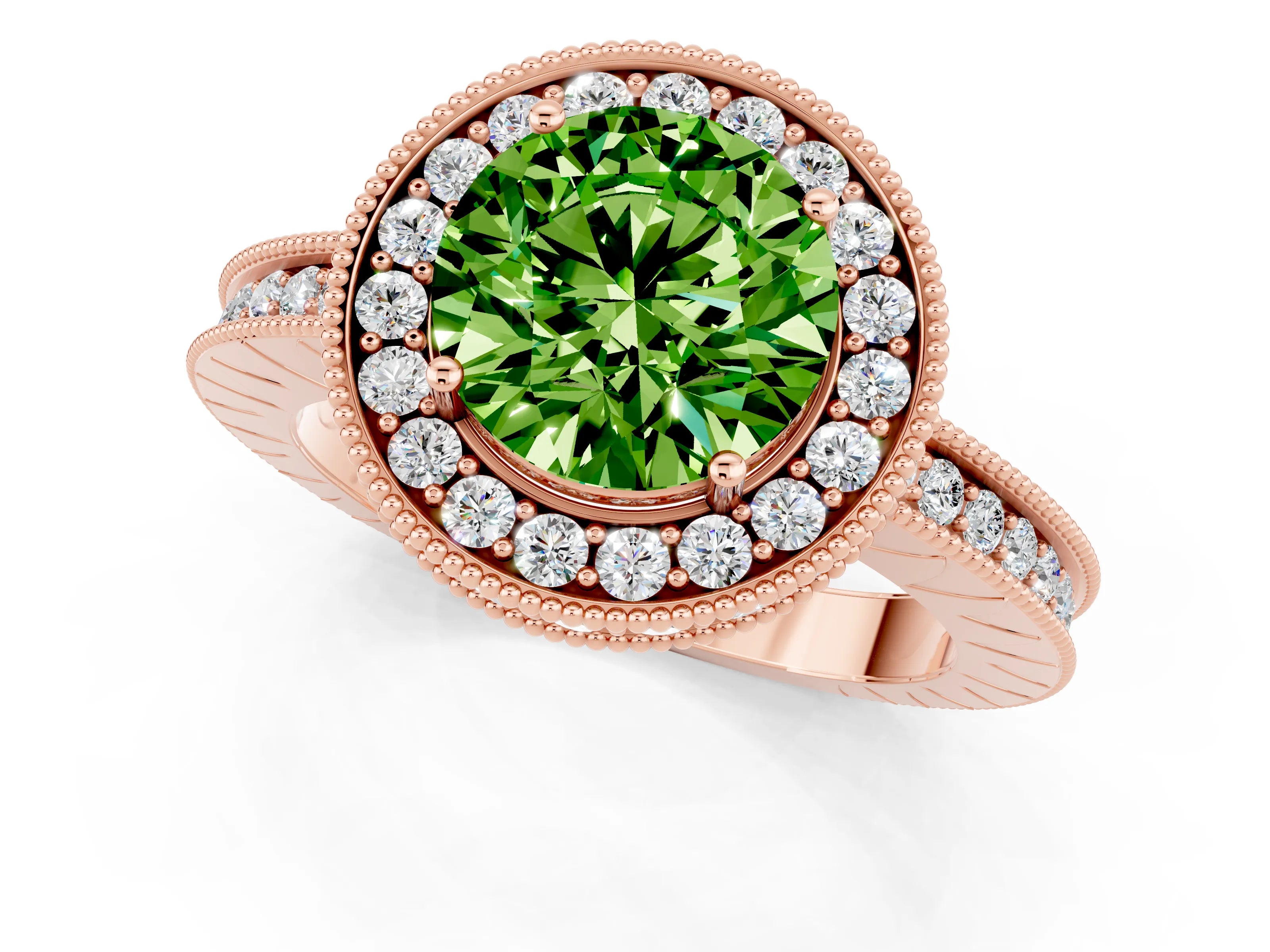 Rose gold Round Cut Halo Diamond Engagement Ring with Milgrain Pave Band and Four-Prong Setting_1