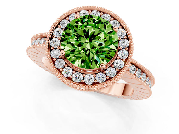Rose gold Round Cut Halo Diamond Engagement Ring with Milgrain Pave Band and Four-Prong Setting