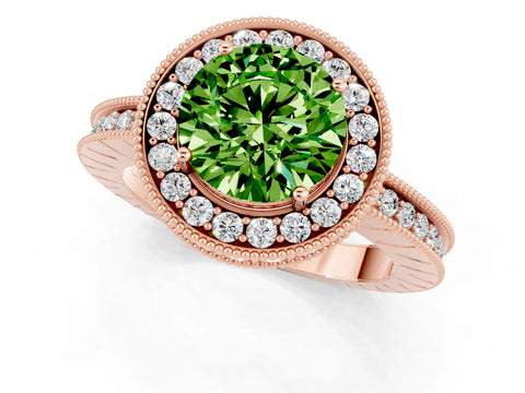 Rose gold Round Cut Halo Diamond Engagement Ring with Milgrain Pave Band and Four-Prong Setting_1