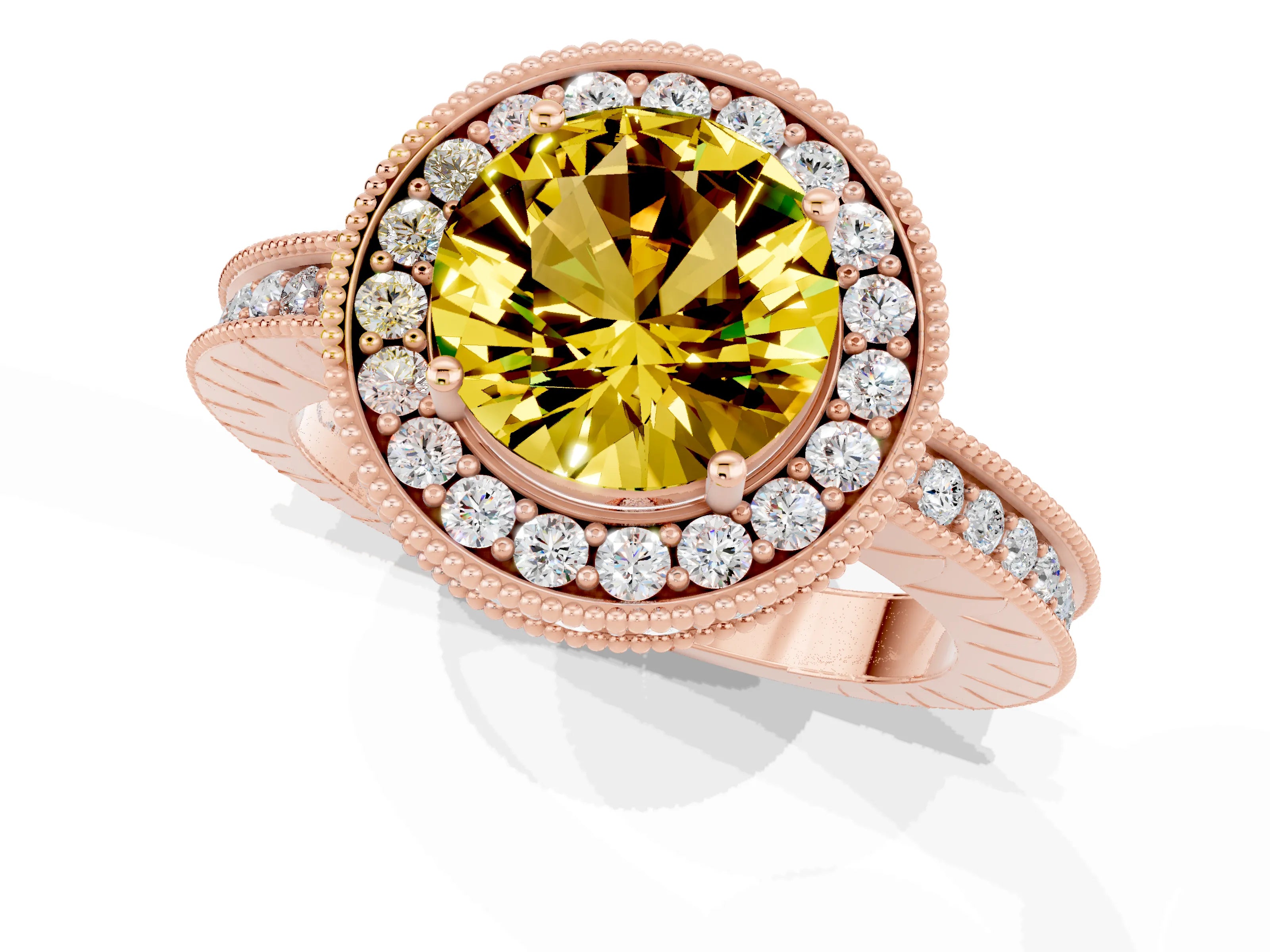 Rose gold Round Cut Halo Diamond Engagement Ring with Milgrain Pave Band and Four-Prong Setting_1