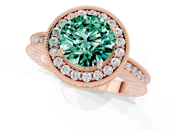 Rose gold Round Cut Green Sapphire Milgrain Halo Engagement Ring with Round Pavé Band and Prong Setting