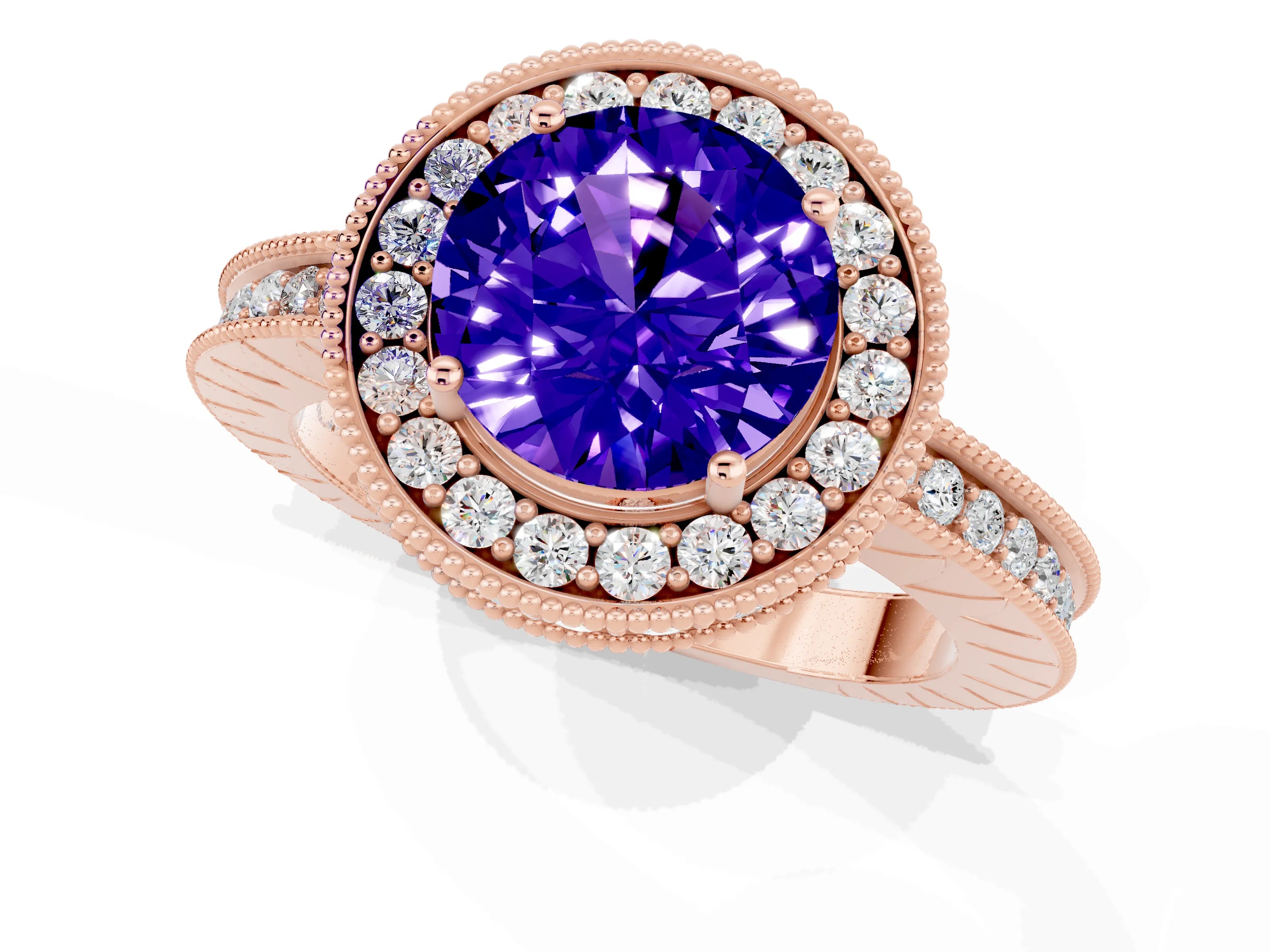 Rose gold Round Cut Halo Diamond Engagement Ring with Milgrain Pave Band and Four-Prong Setting_1