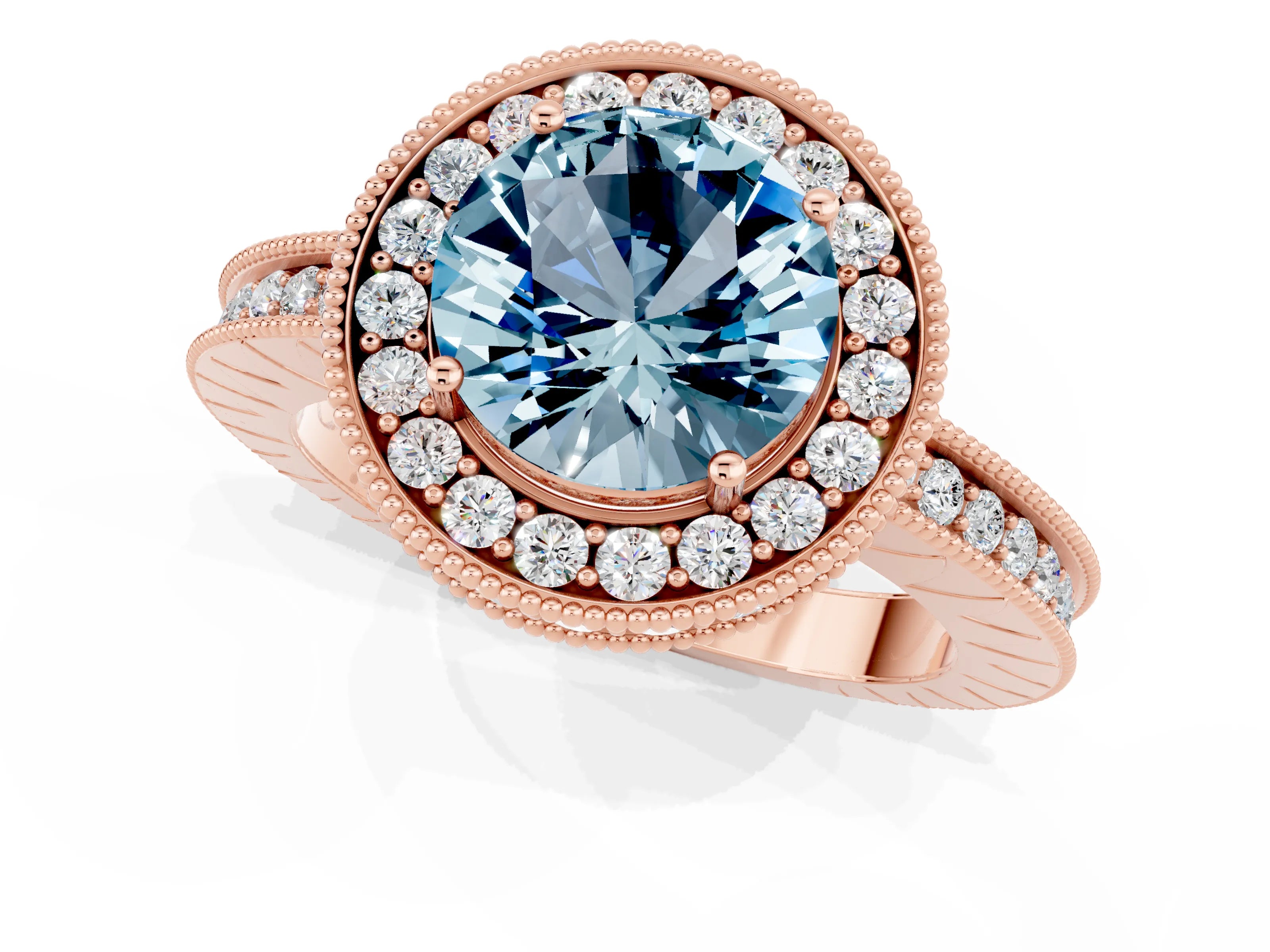 Rose gold Round Cut Halo Diamond Engagement Ring with Milgrain Pave Band and Four-Prong Setting_1