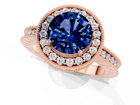 Rose gold Round Cut Halo Diamond Engagement Ring with Milgrain Pave Band and Four-Prong Setting_1