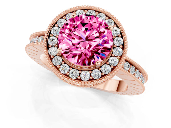 Rose gold Round Cut Halo Diamond Engagement Ring with Milgrain Pave Band and Four-Prong Setting
