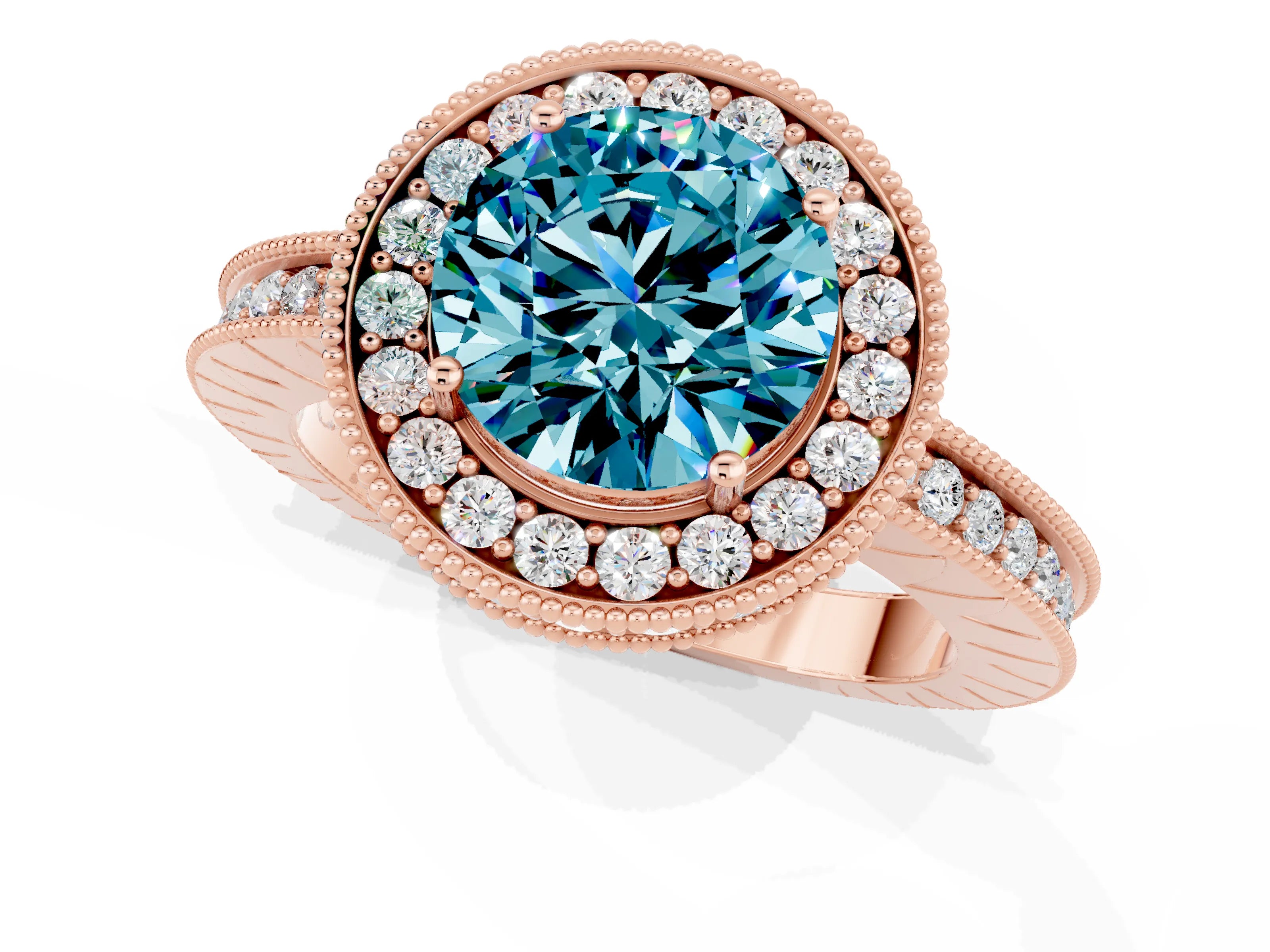 Rose gold Round Cut Halo Diamond Engagement Ring with Milgrain Pave Band and Four-Prong Setting_1