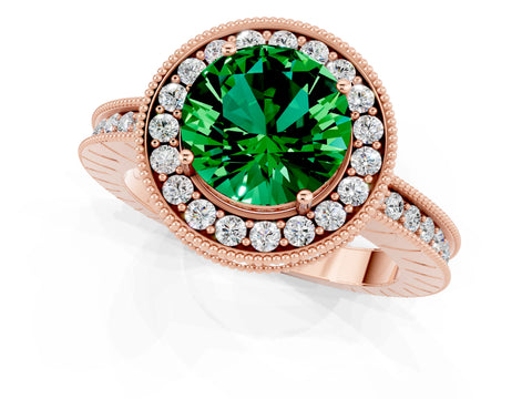 Rose gold Round Cut Halo Diamond Engagement Ring with Milgrain Pave Band and Four-Prong Setting_1